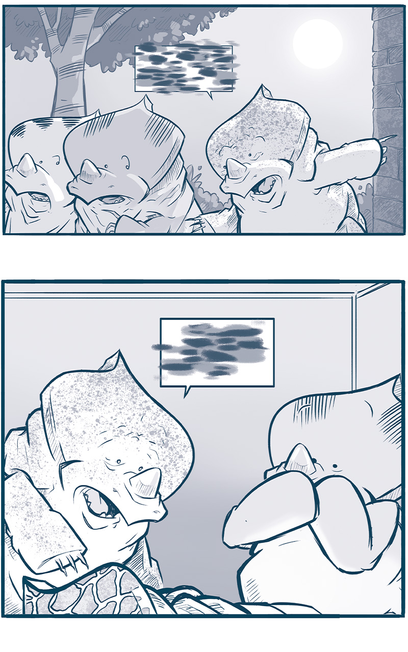 PANEL 1: Two Nyx, one with vertical stripes on his crest, one with horizontal stripes, walk in the morning light, a tree and bushes and a brick wall are behind them. A third Nyx with a freckled crest rushes out, pointing to inside the building, off panel. His voice box is full of the Nyxian language. PANEL 2: Inside, two Nyx find a dead Nyx on the ground. The freckled crest Nyx exclaims something in his language, while the vertical stripe Nyx holds his hands to his mouth in horror. PANEL 3: The horizontal striped Nyx motions to the scene in the next room. An easy chair is upended, and under it we see the legs of Sebastian, his feet bruised or covered in blood. On the wall is blood splattered. They Nyx says something in his language that we canâ€™t read. PANEL 4: The vertical striped Nyx holds the chair over his head, shocked expression, yelling something in his language. The freckled Nyx leans down, mouth open in disbelief. We can see Sebastianâ€™s torn up back, and blood splattered on the wall. PANEL 5: The freckled Nyx holds his hands up to his mouth in shock, saying something, in disbelief. The horizontal striped Nyx clenches his fists in anger, saying something else. PANEL 6: The Freckled Nyx holds a hologram showing the Emperorâ€™s ship in space. He points to it saying something, the horizontal striped Nyx looks suspicious. PANEL 7: The hologram shows the ship speeding away. Both Nyx look shocked. PANEL 8: Close up on the horizontal striped Nyx, eyes furrowed in anger, gritting his teeth. You can not read what his voice box says, but it is simple, and can be inferred that it is angry and threatening. â€”â€”â€” Want to read the full story? Join us at Patreon.com/drive for the *FULL* Tales of the Drive archives, art giveaways, fun community, and more! DRIVE copyright Dave Kellett. Colors by Beth Reidmiller
